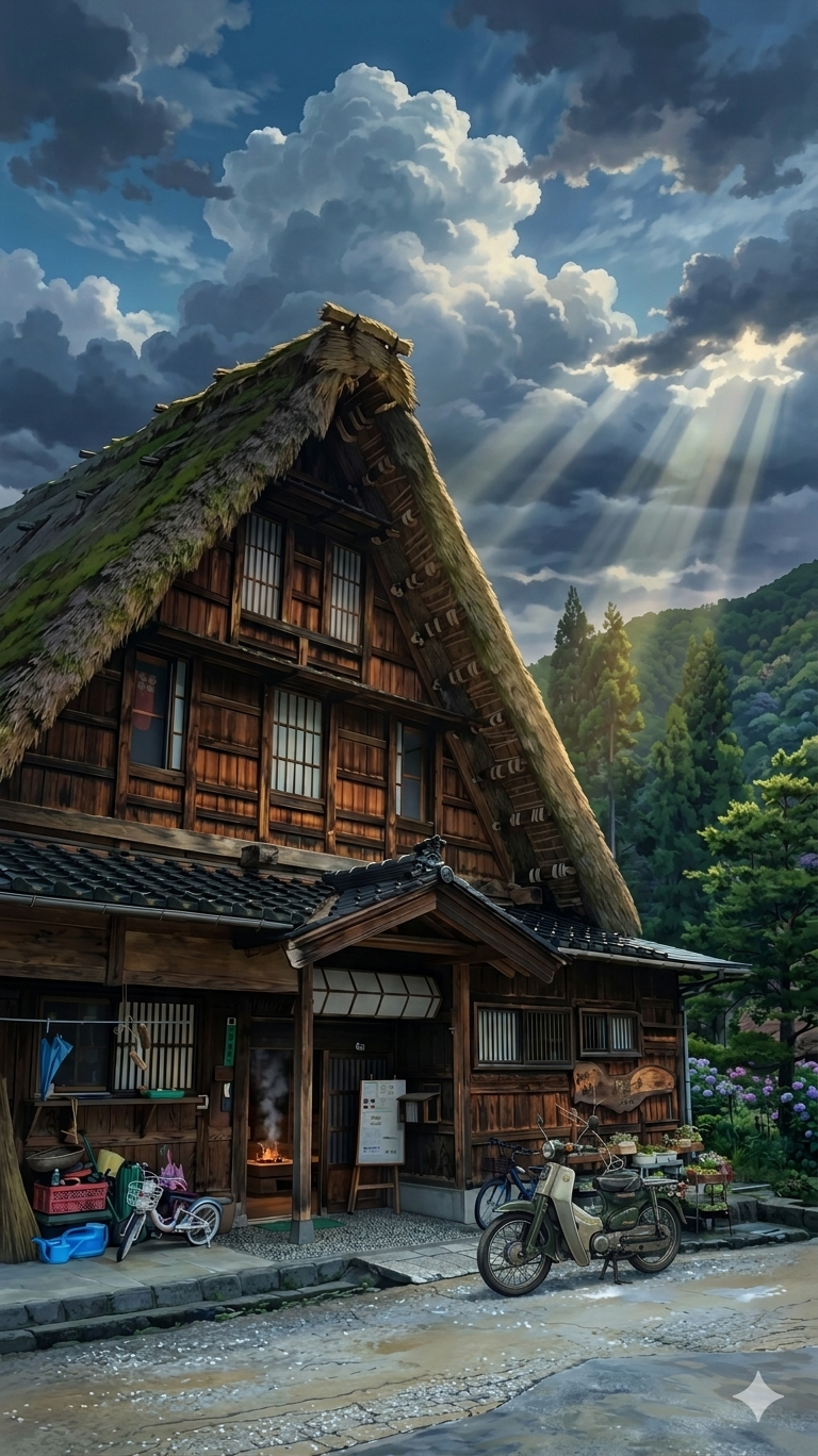 Shirakawago village in anime style — gassho-zukuri farmhouses and misty mountains